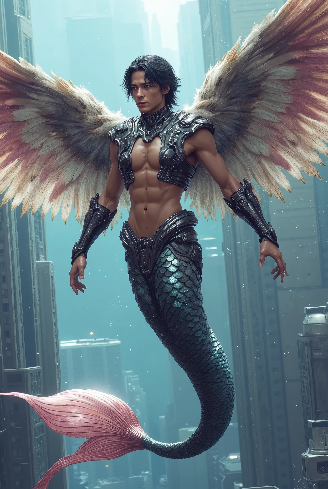 a male mermaid, Giant feather wings，Butterfly Wings，High-tech future armor，Cyberpunk，Future Cities，Flying in the sky，Dynamic poses，Cinematic Lenses，panoramic
