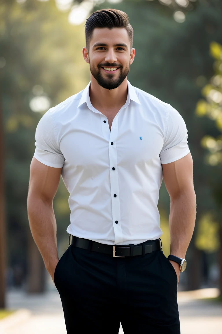 1man, Afull body  shot of a charismatic male fitness model, 30 years old，small beard, smiling expression，gloomy eyes，Blue eyes, captured posing in a Barcelona park, wearing a shirt and black pants, soft natural lighting, cinematic and moody, (best quality,4k,8k,highres,masterpiece:1.2),ultra-detailed,(realistic,photorealistic,photo-realistic:1.37),HDR,studio lighting,professional,vivid colors,dramatic lighting