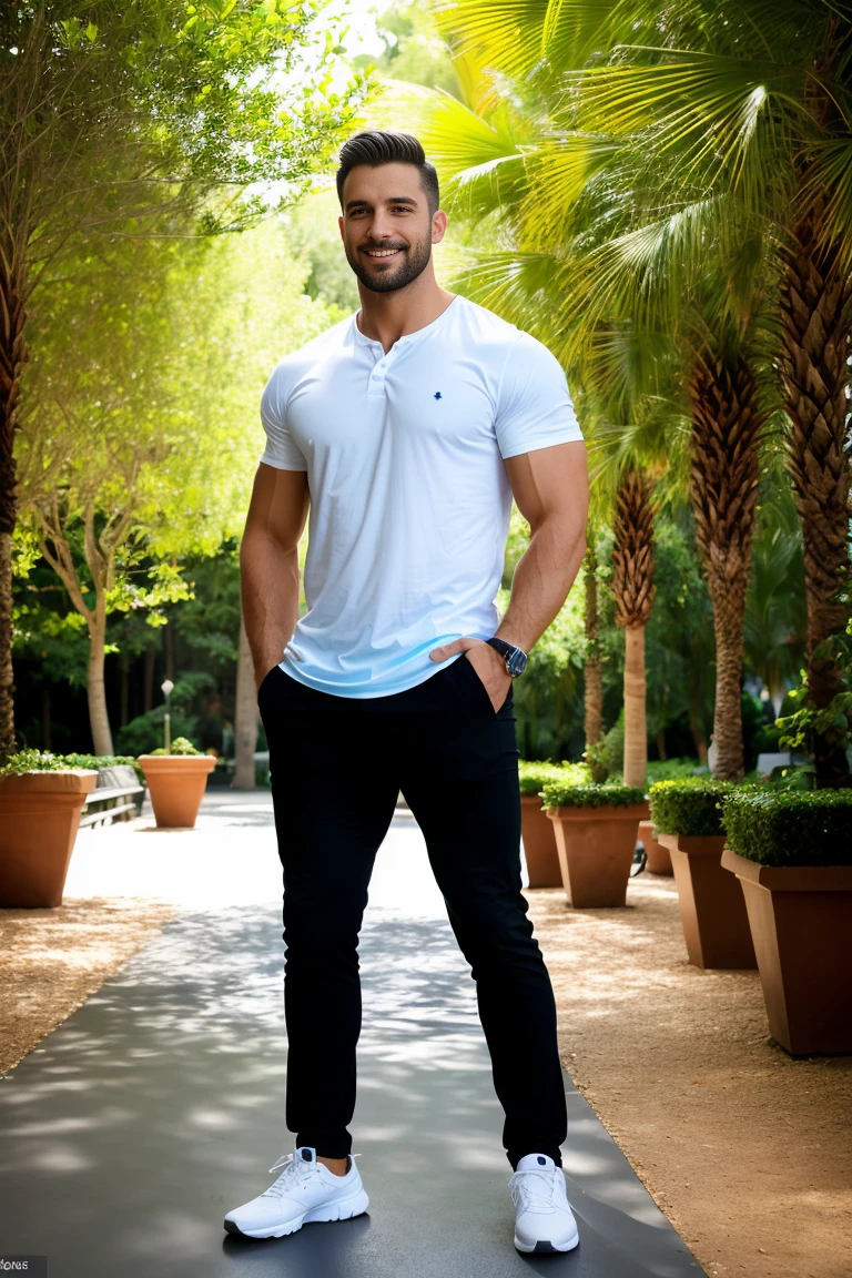 1man, Afull body  shot of a charismatic male fitness model, 30 years old，small beard, smiling expression，gloomy eyes，Blue eyes, captured posing in a Barcelona park, wearing a shirt and black pants, soft natural lighting, cinematic and moody, (best quality,4k,8k,highres,masterpiece:1.2),ultra-detailed,(realistic,photorealistic,photo-realistic:1.37),HDR,studio lighting,professional,vivid colors,dramatic lighting