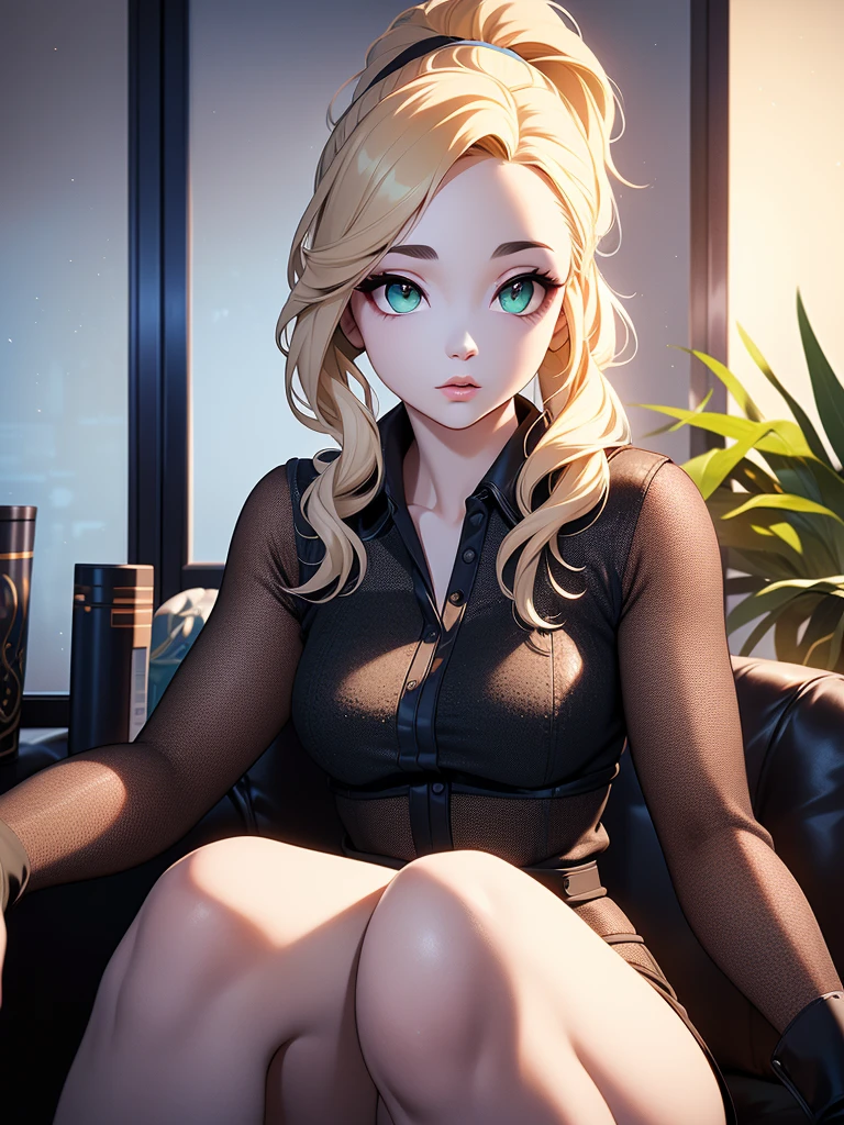 araffe sitting on a chair with her legs crossed, 30 years old woman, 3 0 years old woman, she is about 2 , she is about 2 0 years old, she is about 20 years old, she is about 30 years old, she is about 3 0 years old, 18 years old, attractive girl, yellow hair