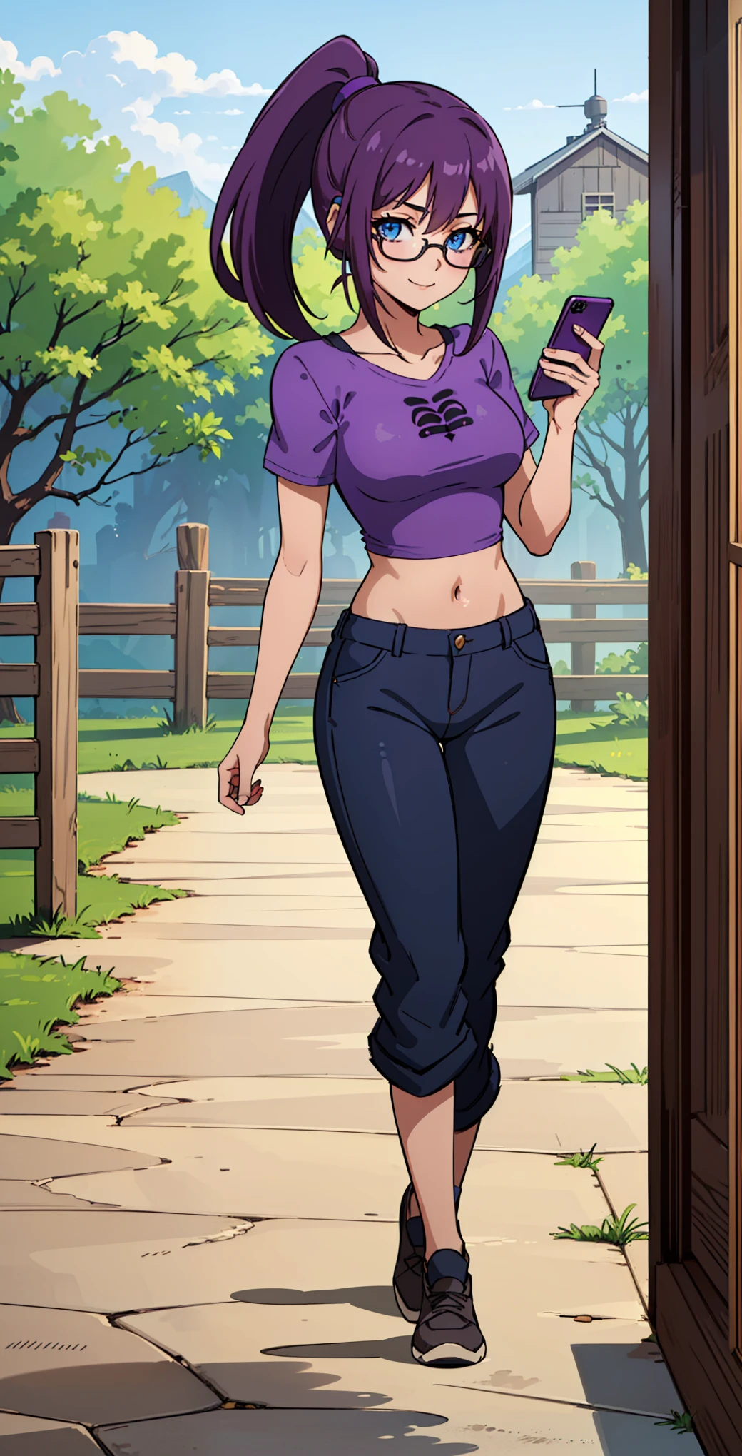 ((best quality), (high quality), (detailed), (masterpiece), good artist, 1girl, ( violet hair), ((blue eyes)), (sunglasses), headphones, (short ponytail), casual wear, gentle smile, ((under crop top)), ((crop top)), ((purple t shirt)), (black pants), a two headed woman with beautiful detailed eyes, (detailed hairstyles), strong and confident expressions, pre- girl, beautiful body and face, ((barn background)), ((phoneaholic teenager)), (length hair), full body, tan skin