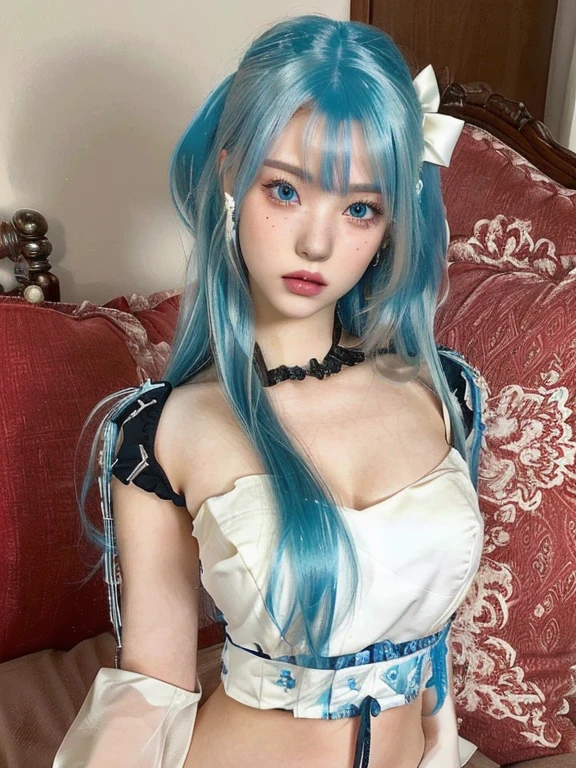 doll with blue hair and a black shirt on a bed and blue like eyes, ball jointed doll, sky blue straight hair, beautiful blue haired girl, dollfie dream, skydoll noa, girl with blue hair, anime barbie doll, bjd, artdoll, azure. detailed hair, dollpunk, pretty girl with blue hair, she has pale blue skin!!!skydoll noa, artdoll, pale milky white porcelain skin, dollfie dream, anime barbie doll, detailed body and eyes, ball jointed doll, 🤤 girl portrait, hyper realistic aesthetic, small freckles, hyper realistic teenager, barbie doll, freckles!!!, detailed face, realistic, Físico : el abdomen más pequeño jamás visto, jisoo from blackpink, popular south korean makeup, quality detailed ,(beautiful makeup :1.2), Wide hips, big, big ass, (best quality, 8K, masterpiece: 1.3), Clear focus: 1.2, Perfect body beauty: 1.4, strong abs, Very detailed face and skin texture. , detailed eyes, double eyelids, (long hair), having very marked curves, with greater volume in ((hips and breasts)), which makes the waist look much smaller ((wasp waist))