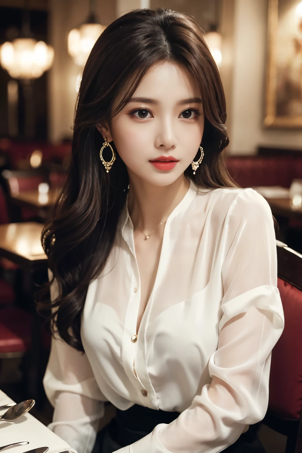 masterpiece, Highest quality, Realistic, Very detailed, Finer details, High resolution, 8k wallpaper, One beautiful woman, Wear an elegant white see-through blouse, In a great restaurant, At night, Light brown messy hair, Perfect dynamic composition, Beautiful and beautiful eyes、Big earrings、Sit on a chair、