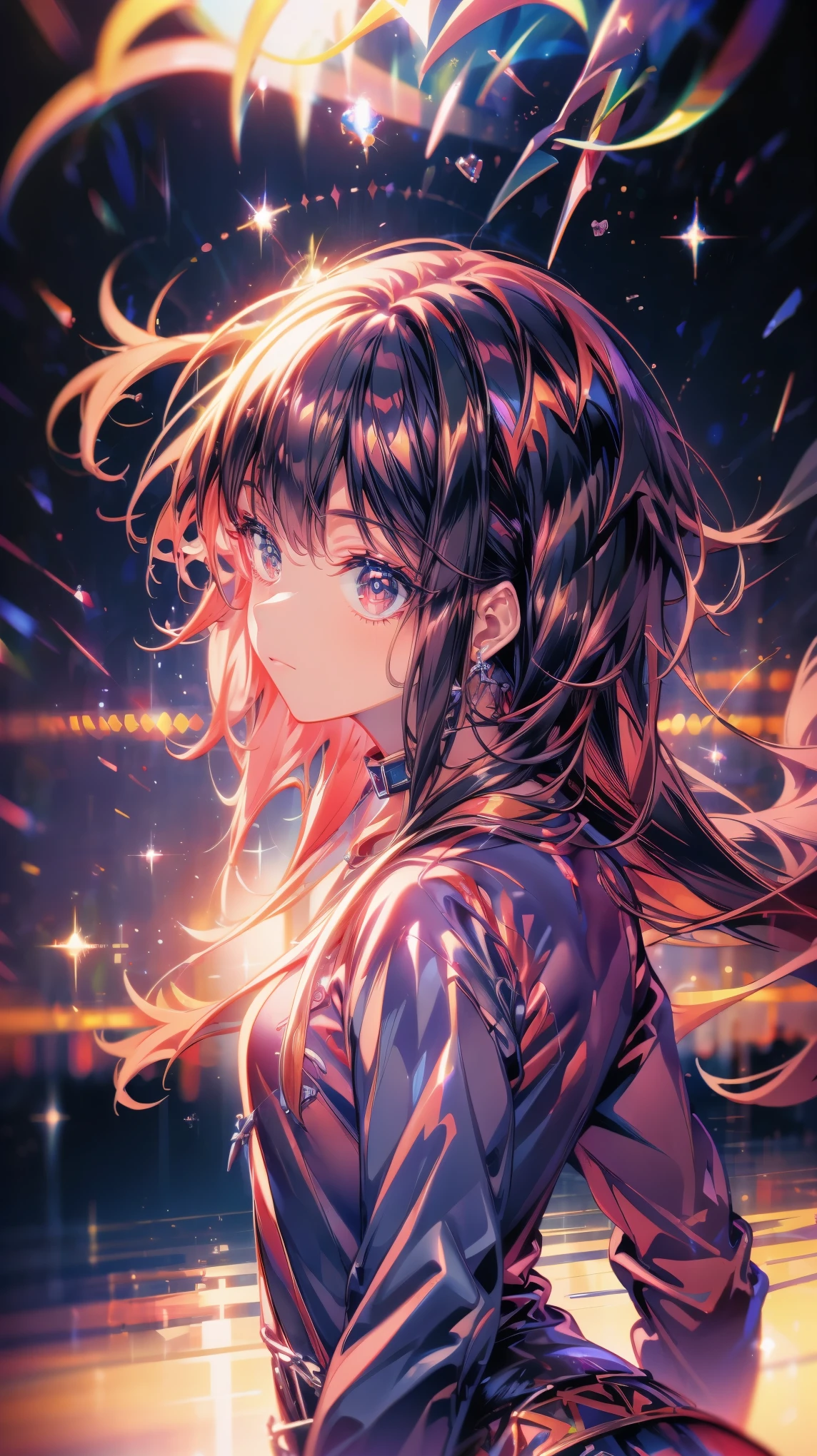 (masterpiece), 4K, The world of Kingdom Hearts, Detailed Description, Shine like a star, A cold expression floating in the night sky, Watching over us, Shining Star々, Bringing Happiness, High school girl, Wearing a sailor uniform, Jewel-like red hair, Jewel-like red eyes, Fire Aura, anime, Zoom out, colorful, Short Hair, Megumin,