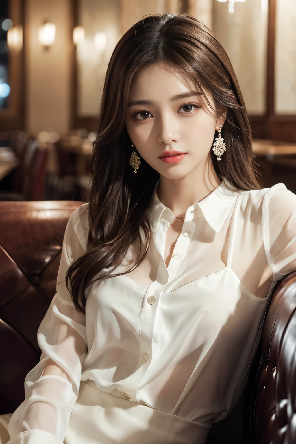 masterpiece、Best Quality、Real、Very detailed、Fine details、High resolution、8K wallpaper、One beautiful woman、Wearing an elegant white see-through blouse、In a great restaurant、At night、Light brown messy hair、Perfect dynamic composition、Beautiful beautiful eyes、Big earrings、Sitting on the sofa、