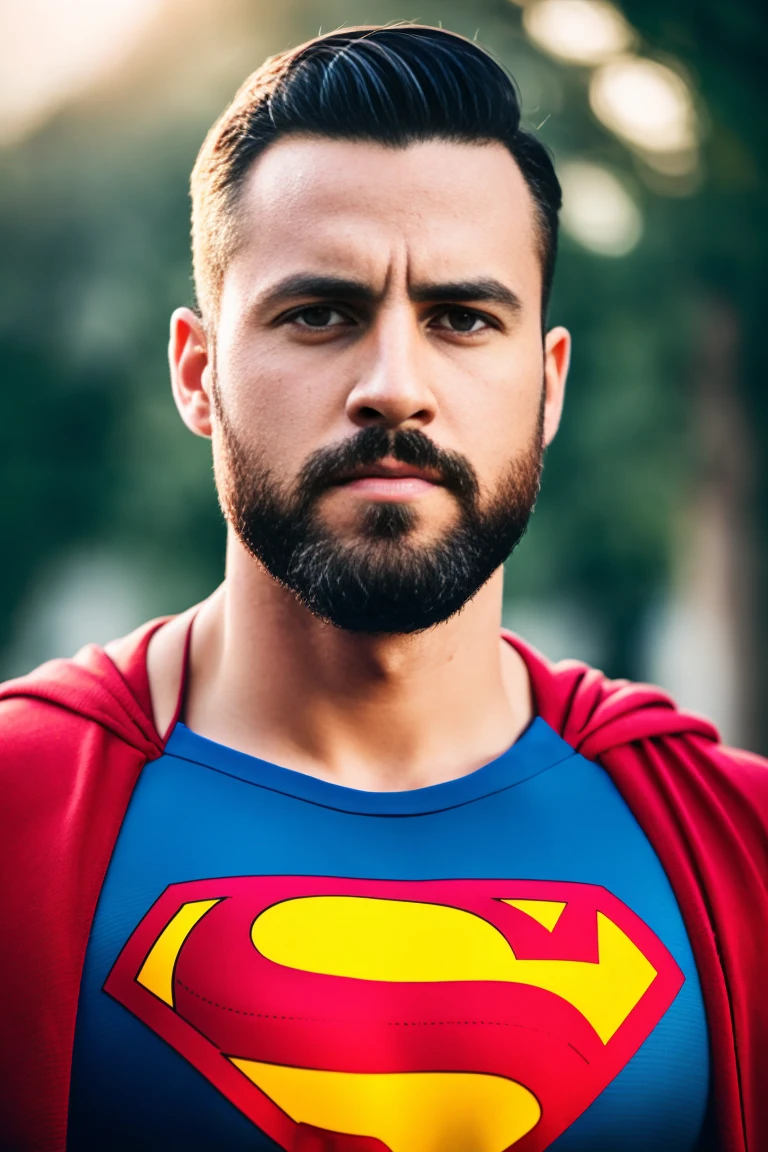 1man, A full body  shot of a charismatic male fitness model, 30 years old，small beard, upset expression，gloomy eyes，Blue eyes, captured posing in a Barcelona park, wearing a superman costume, soft natural lighting, cinematic and moody, (best quality,4k,8k,highres,masterpiece:1.2),ultra-detailed,(realistic,photorealistic,photo-realistic:1.37),HDR,studio lighting,professional,vivid colors,dramatic lighting