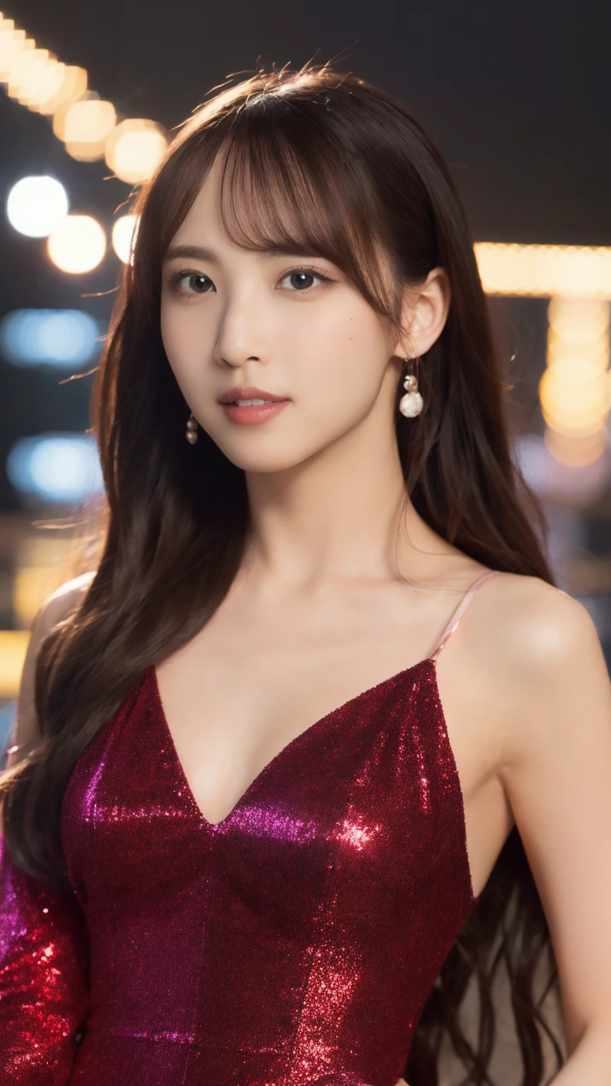 1girl,(wearing a red glittery evening mini dress:1.2),(RAW photo, best quality), (realistic, photo-realistic:1.4), masterpiece, an extremely delicate and beautiful, extremely detailed, 2k wallpaper, Amazing, finely detail, extremely detailed CG unity 8k wallpaper, ultra-detailed, highres, soft light, beautiful detailed girl, extremely detailed eyes and face, beautiful detailed nose, beautiful detailed eyes,cinematic lighting,city lights at night,perfect anatomy,slender body,(long hair with bangs), big breast:1.5, full body:1.4, sitting.