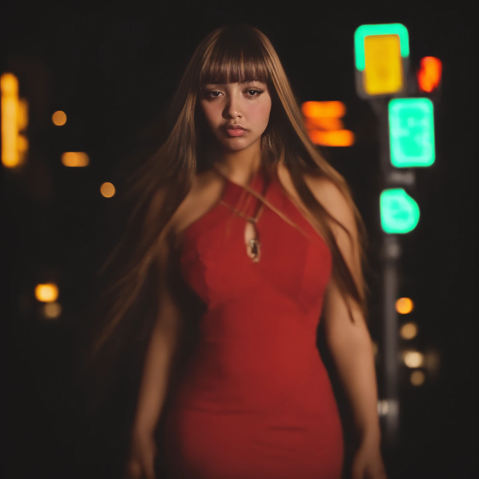 1girl, eyebrows, bangs, brown hair, brown skin, (eyebrows:1.3), eyelashes, makeup, celebrity, (best quality:1.2), masterpiece, new york city, street light, night time, neon lights, red dress, long hair, background, (beautiful:1.2), looking at viewer, old camera style, high resolution, cowboy shot