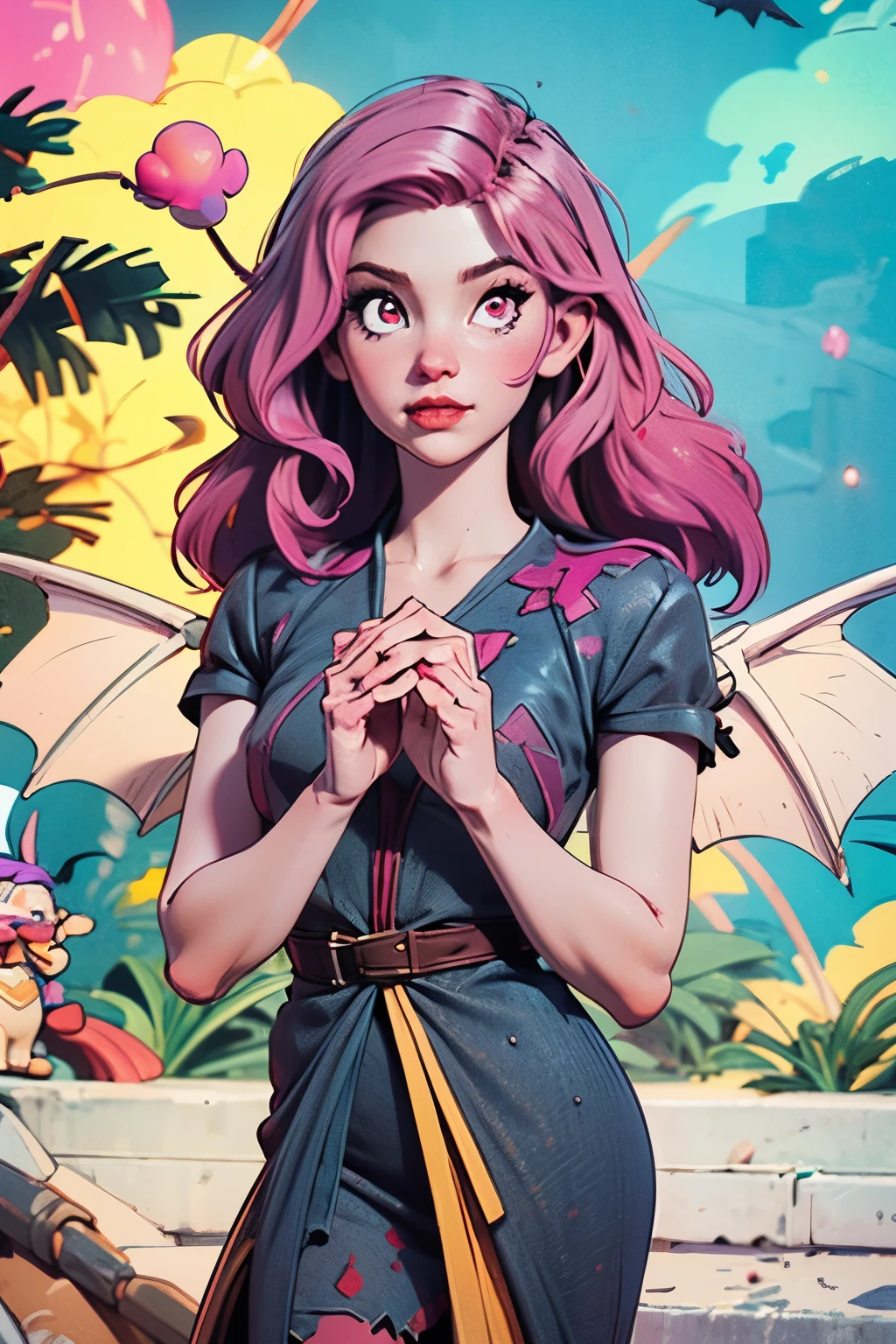 beautiful girl, witch, white skin, bright red eyes, girl with bat wings, long pink hair, wearing a black and gold dress with magical runes, she has fireworks in her hands.