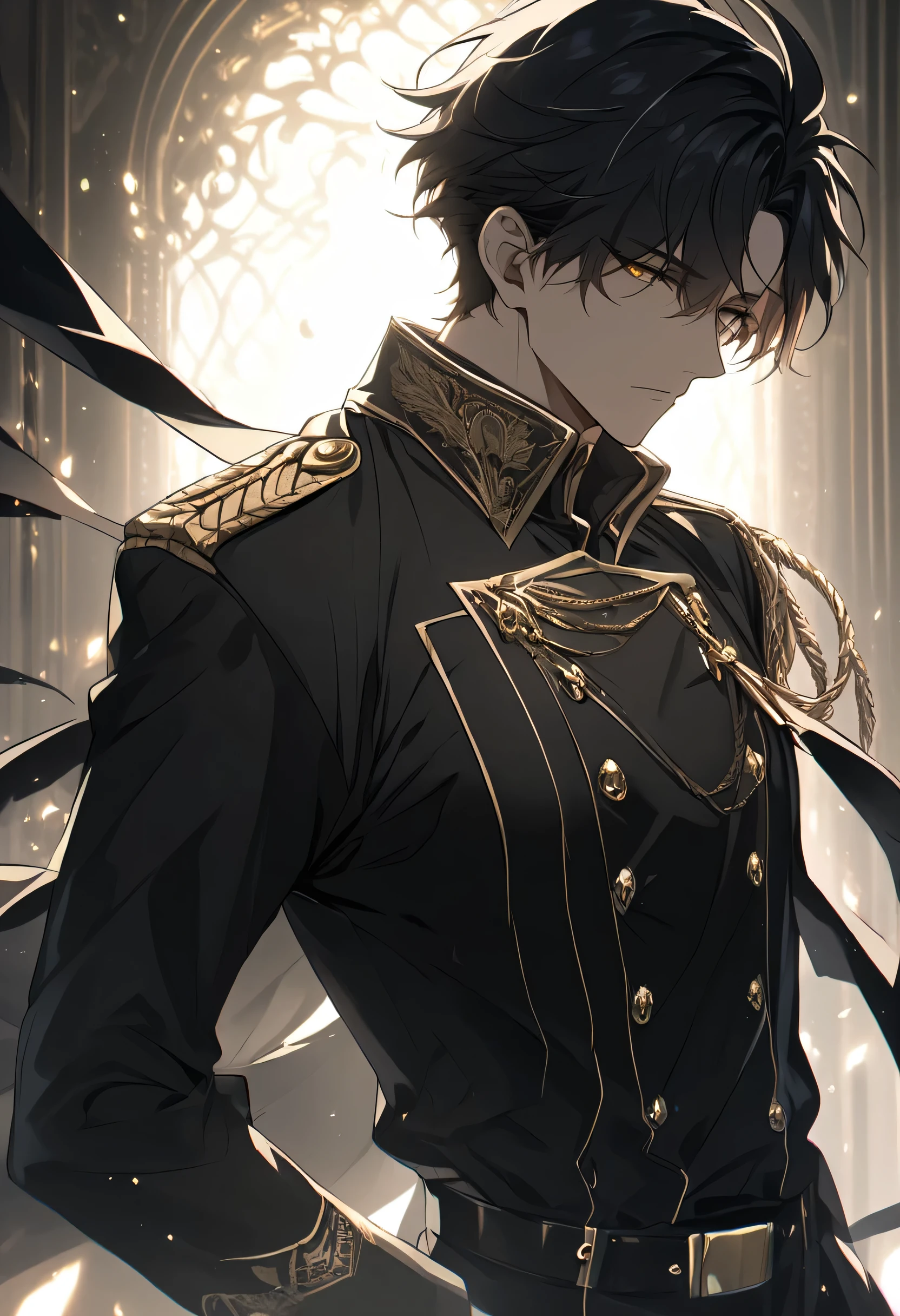 Solitary, Handsome, 1 male, Short hair, Black Hair, Golden Eyes, black shirt, White military uniform