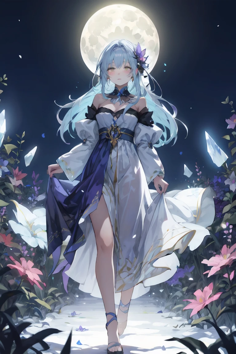 Beautiful and magical elemental spirit girl with long flowing hair, ethereal spiritual dress, walking through a field of crystal flowers as dark rainbow moonlight makes the flower glow with a luminous light
