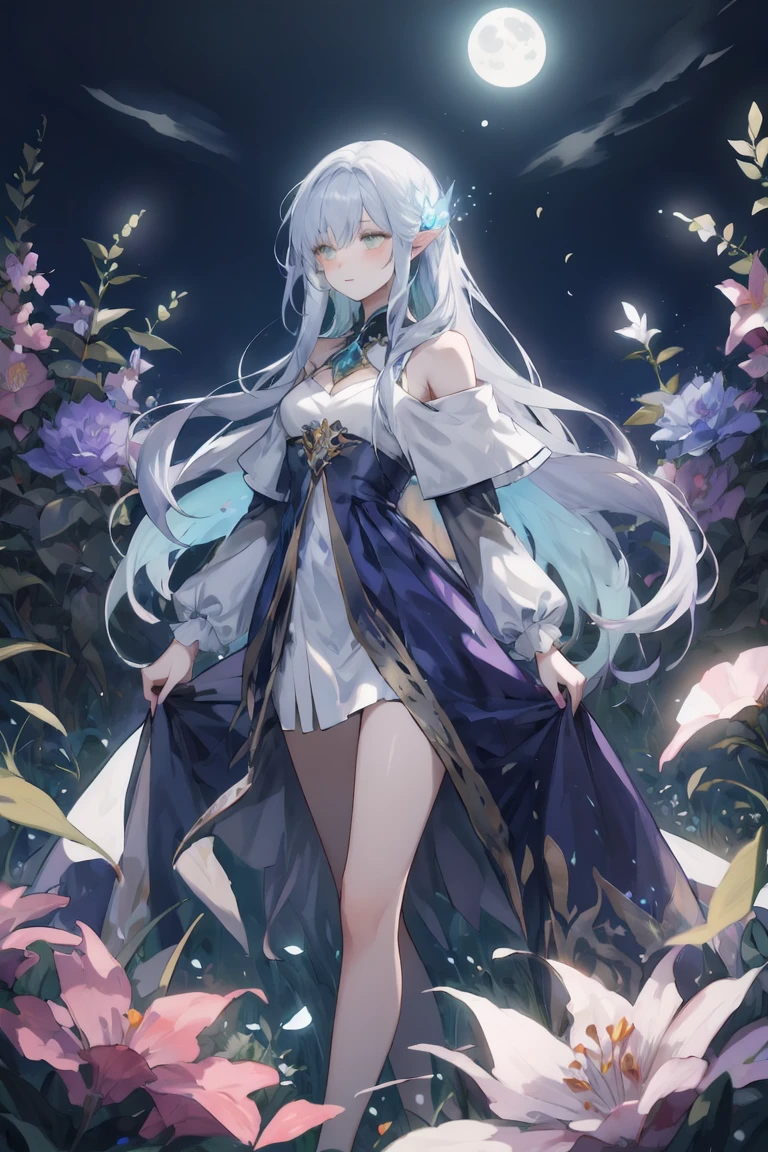 Beautiful and magical elemental spirit girl with long flowing hair, ethereal spiritual dress, walking through a field of crystal flowers as dark rainbow moonlight makes the flower glow with a luminous light
