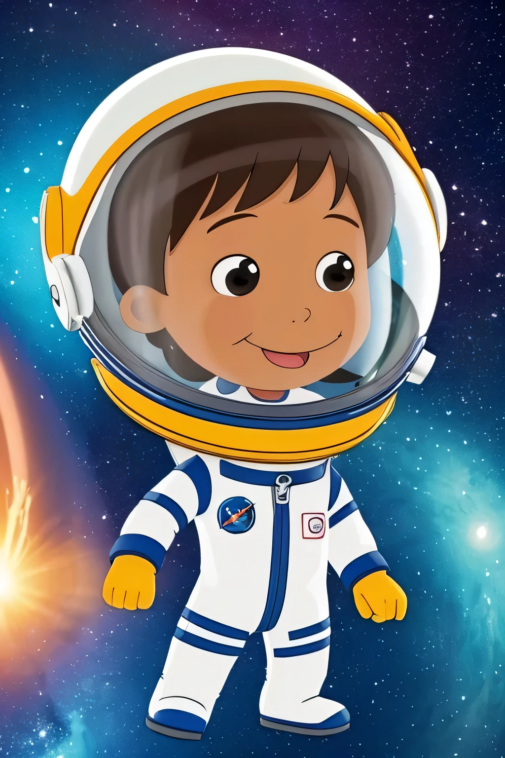 Create a modern cartoon character of a child astronaut with a transparent helmet. The character should have a playful and quirky design reminiscent of 'Irmão do Jorel.' Include vibrant colors, exaggerated features, and a cheerful expression. The astronaut suit should be detailed but fun, showcasing a childlike spirit. Only two arms
