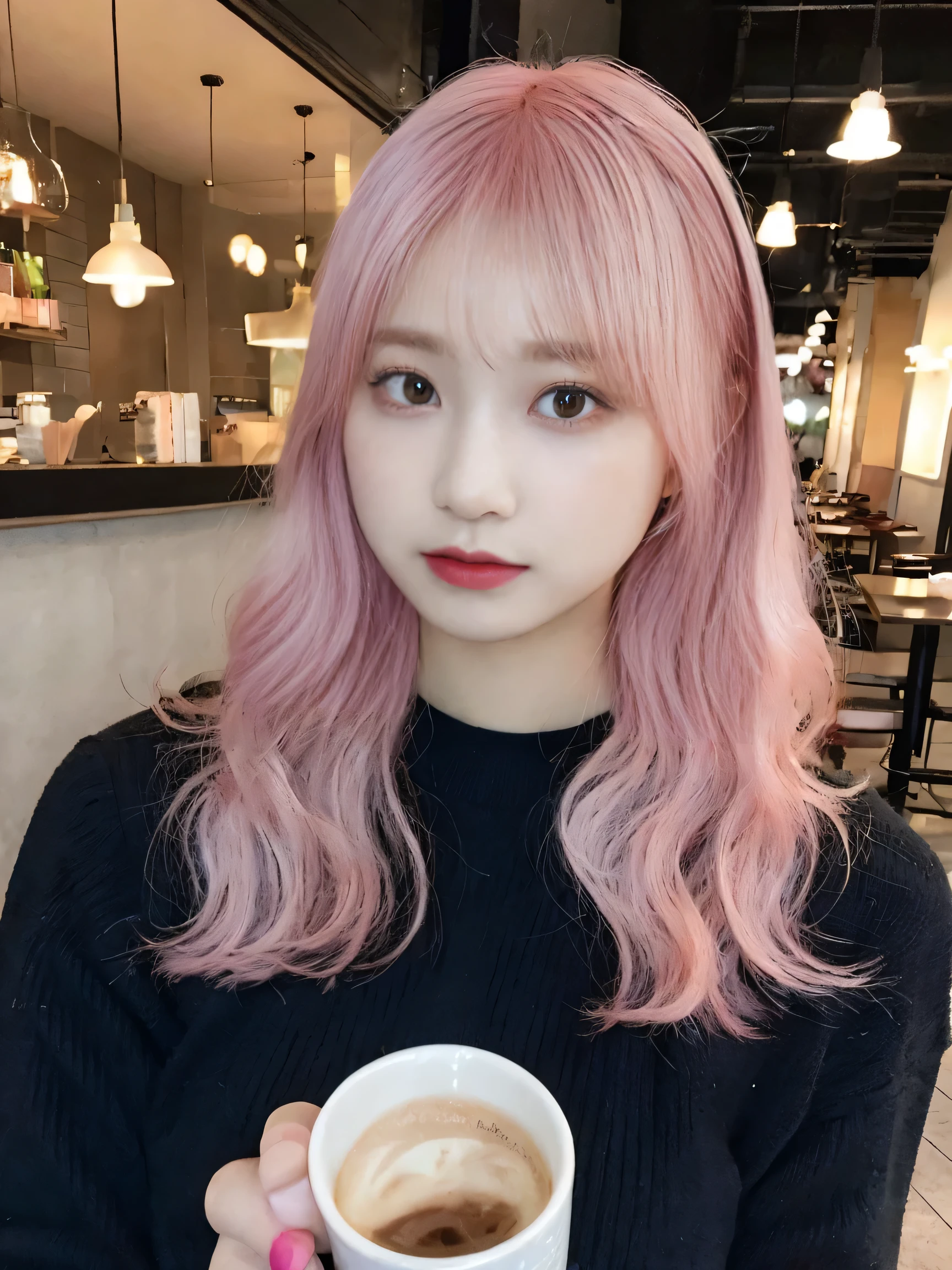 (((Pink Hair)))Beautiful 20-year-old D-cup、Black tight sweater、Korean Background、Light black lip gloss、Curly Hair，Selfie at the cafe