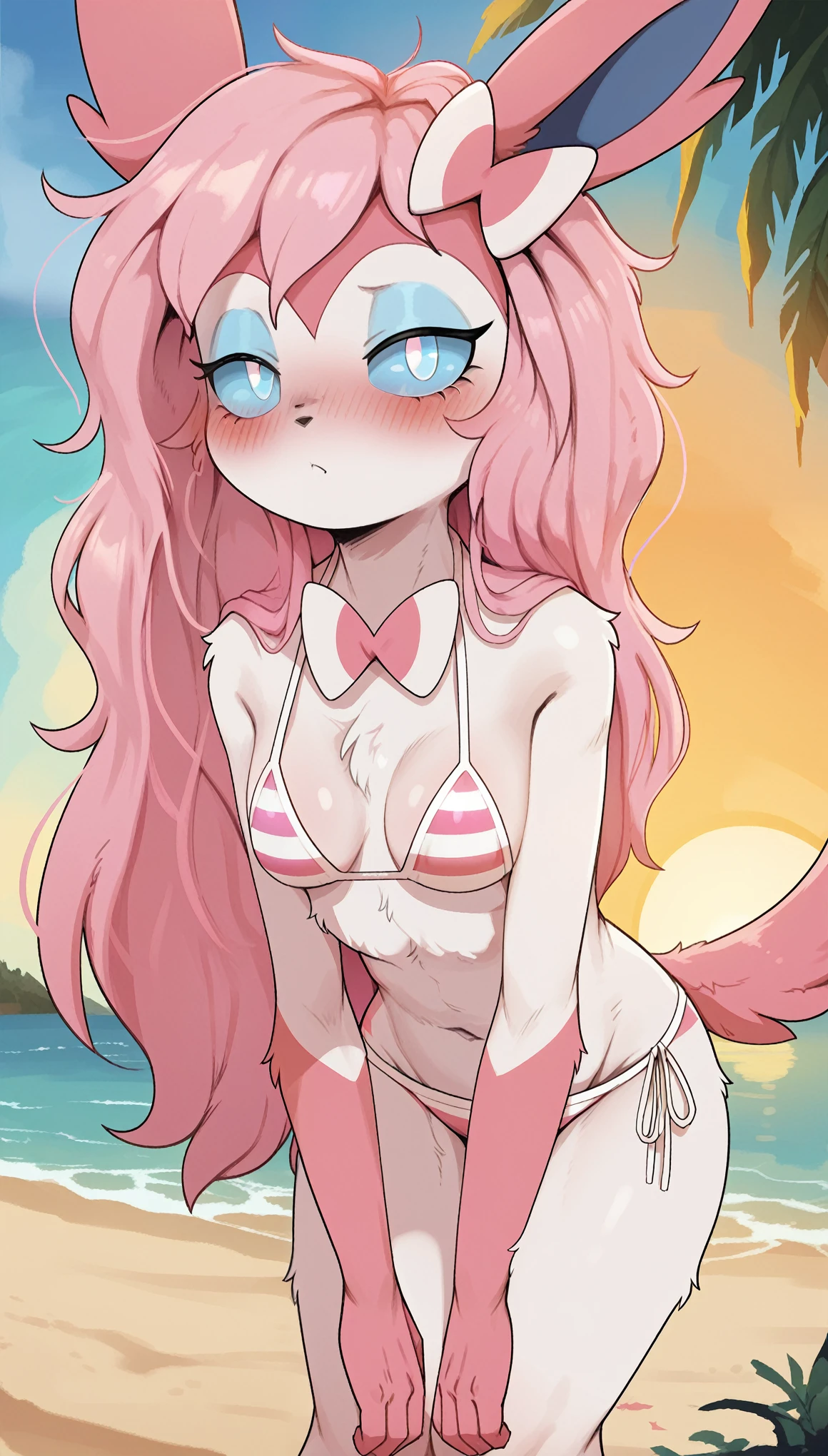 Seductive expression, 1girl, anthro, furry, fur, fluffy fur, sylveon girl, pink hair, long hair, messy hair, (18 years), white eyes, cyan sclera, medium breast, thicc thighs, (beach), (sunset), pink bikini (striped bikini), half-closed eyes, detailed, looking at the viewer, bent over, shy, tímid, score_9, score_8_up, score_7_up, score_6_up, score_5_up, score_4_up