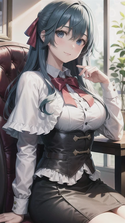 ((((masterpiece, extremely detailed, best quality)))), illustration, indoor, chair, (simple background), (cowboy shot), stylized, (liselottecretia), 1girl, blue hair, (long hair, hair between eyes, hair ribbon), blue eyes, (looking at viewer:1.2), (light smile), (blush:1.2), lower body, (white shirt, red bowtie, frills, brown vest, capelet, skirt), (large breasts:1.2), sitting, sitting on chair