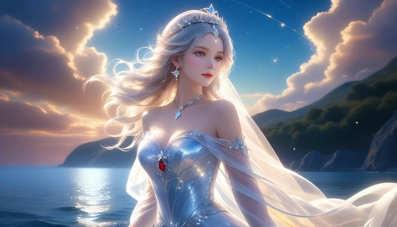 A Masterpiece in 32K Resolution, Peerless Quality, Magnificently Detailed, Official Art, Heavenly 32K Wallpaper, Beautiful and Captivating, Ultra-Focused Features, Astounding Detail, Dutch Angle, Semi-Realistic, Icy Coastline at Twilight. (One Woman, Solitary) (Snow-White Hair: 1.3, Long and Flowing Silken Hair) (She Is Draped in Seductive, Sheer Fabric), ((Off-the-shoulder, Highlight Her Ample Breasts, Ruby Pendant)) (Enticing Cleavage) (Glorious Starry Sky, Magical Night, Floating Particles of Light Surround Her). The Scene Captures Her Ethereal Beauty in Full Splendor, With the Glittering Waters Adding Depth and Tranquility, Amplified by Soft, Radiant Lighting That Reveals Every Striking Detail. Her Exquisite, Perfectly Proportioned Face Shines Against the Calm Waters, Echoing Her Timeless Elegance in This Amazingly Realistic, Breathtaking Scene.