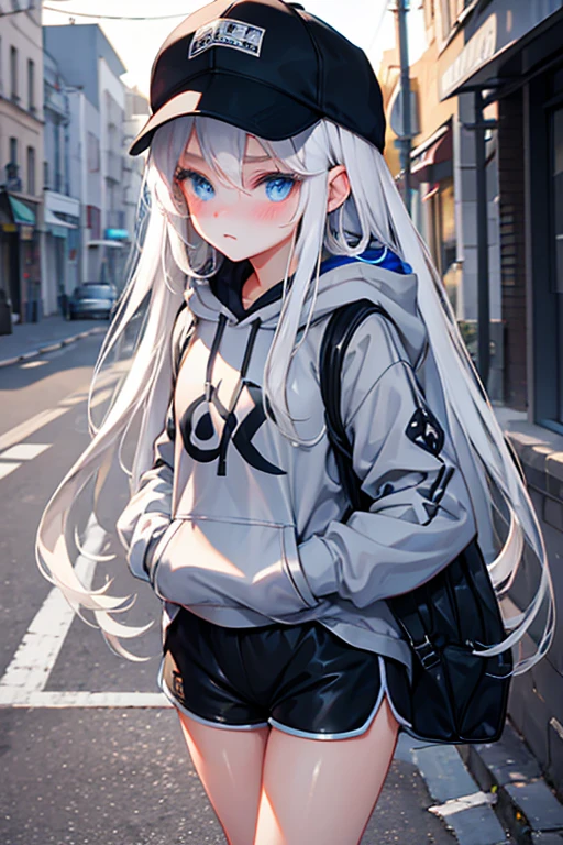 Long white hair, Black cap, baggy gray hoodie, female, Blue eyes, A little blush, A dark street, tight shorts