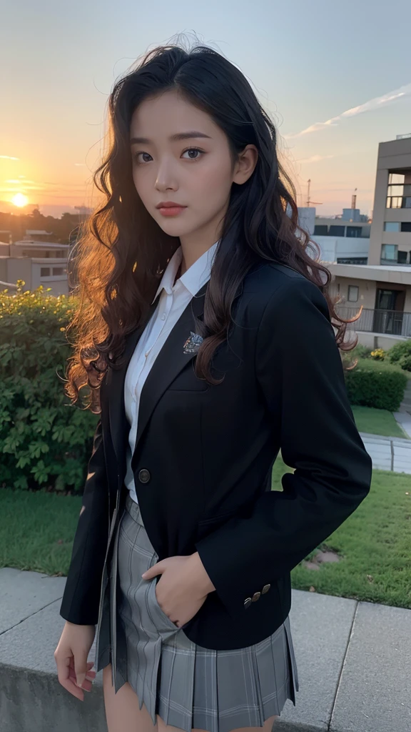 High resolution、masterpiece、Textured skin、High image quality、超High resolution、Very detailed、woman、high school 、High school blazer uniform、((Black medium length, unkempt natural curls)), Full Body Shot、スポーティなwoman、boyish、Looking at the camera、Large Breasts、Perfect Style、Long legs、The background is evening on the hill, A model posing with the sunset as a background.、