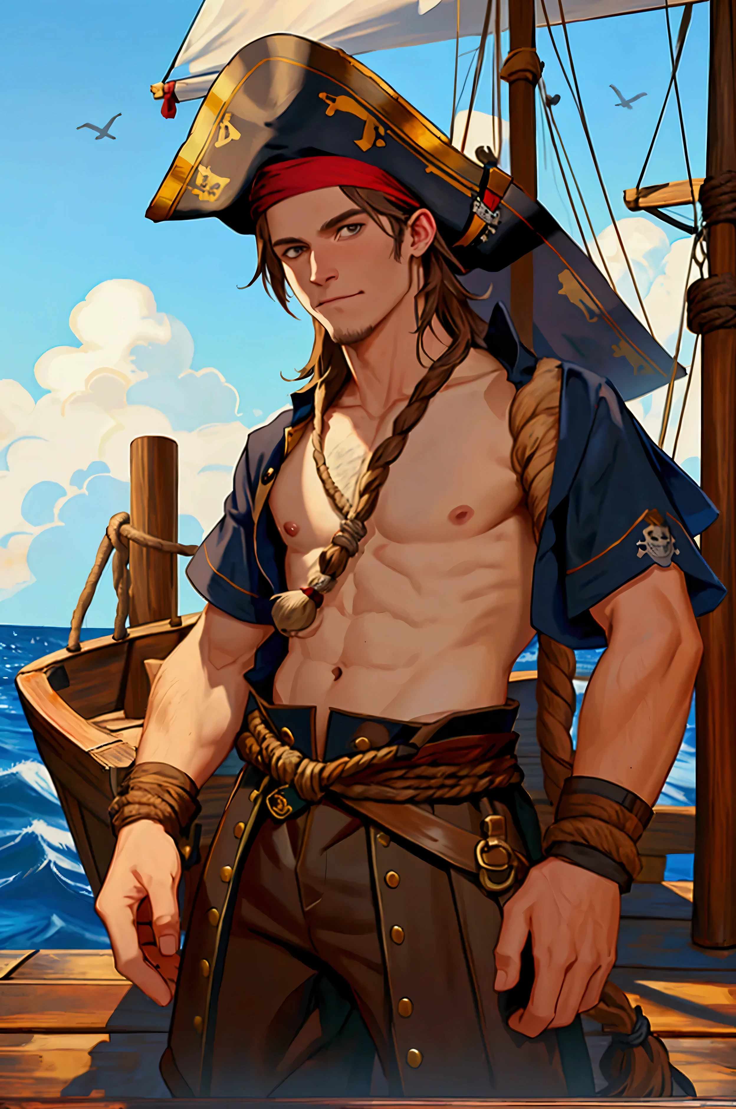 A pirate man on the deck of his ship. He is wearing a typical pirate outfit, However, the shirt is transparent, allowing you to see his hairy chest.. He has shoulder length brown hair, wears a pirate hat and is holding a rope in his hand. better image quality.