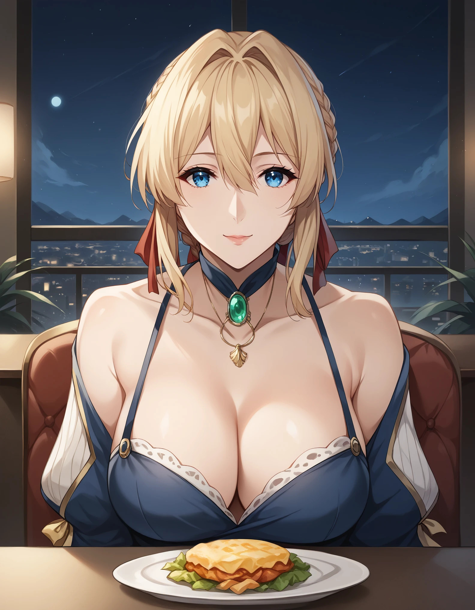 score_9, score_8_up, score_7_up, rating_safe, CONCEPT_PovDating_ownwaifu, solo,1girl,violet evergarden, blonde hair, blue eyes, hair ribbon, ribbon, short hair, braids, hair braids, red ribbon, mature female,medium breasts, looking at viewer, indoors, pov across table, sitting, upper body, chair, pov dating, Smile sweetly, night, restaurant, drinks, foods, dishes, luxurious dress, deep cleavage, bare shoulder