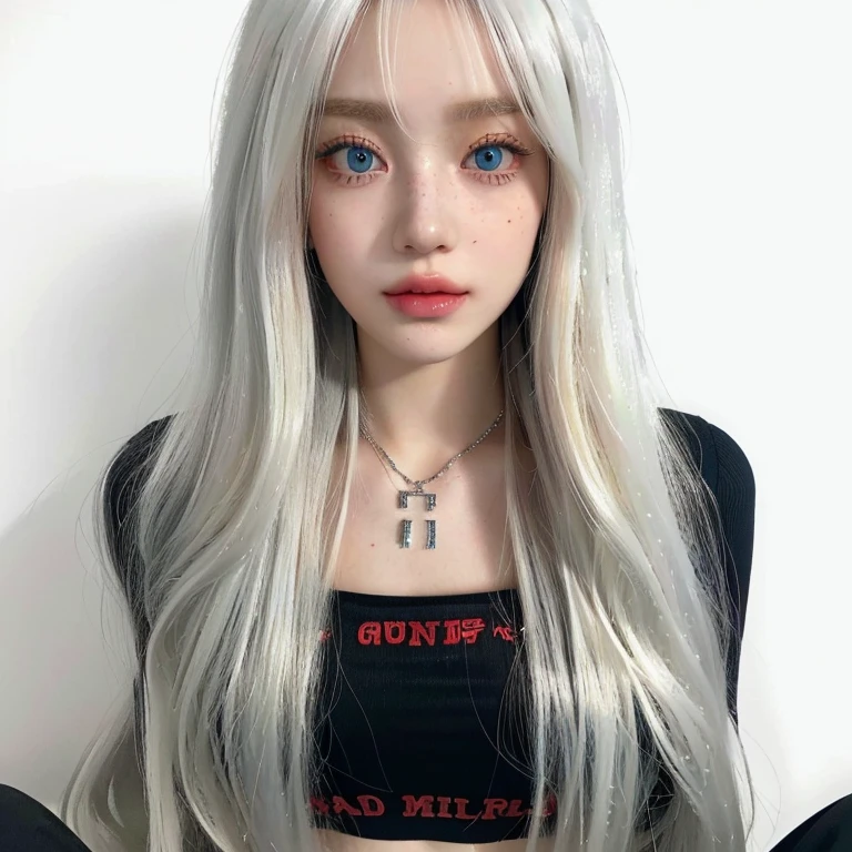 a close up of a doll with long blonde hair and a necklace and gren blue eyes, long white hair and bangs, perfect white haired girl, long straight silver hair, long blonde hair and big eyes, hyperrealistic teen, girl silver hair, with white long hair, girl with white hair, long blonde hair and large eyes, with long white hair, white long straight hair, long platinum hair skydoll noa, artdoll, pale milky white porcelain skin, dollfie dream, anime barbie doll, detailed body and eyes, ball jointed doll, 🤤 girl portrait, hyper realistic aesthetic, small freckles, hyper realistic teenager, barbie doll, freckles!!!, detailed face, realistic, Físico : el abdomen más pequeño jamás visto, jisoo from blackpink, popular south korean makeup, quality detailed ,(beautiful makeup :1.2), Wide hips, big, big ass, (best quality, 8K, masterpiece: 1.3), Clear focus: 1.2, Perfect body beauty: 1.4, strong abs, Very detailed face and skin texture. , detailed eyes, double eyelids, (long hair), having very marked curves, with greater volume in ((breasts)),