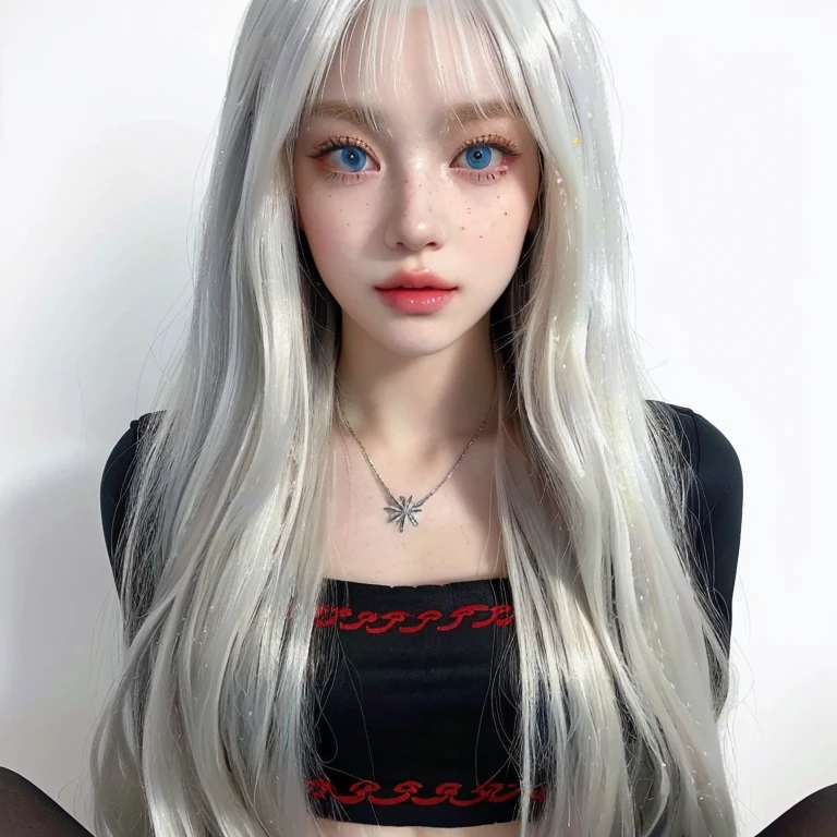 a close up of a doll with long blonde hair and a necklace and gren blue eyes, long white hair and bangs, perfect white haired girl, long straight silver hair, long blonde hair and big eyes, hyperrealistic teen, girl silver hair, with white long hair, girl with white hair, long blonde hair and large eyes, with long white hair, white long straight hair, long platinum hair skydoll noa, artdoll, pale milky white porcelain skin, dollfie dream, anime barbie doll, detailed body and eyes, ball jointed doll, 🤤 girl portrait, hyper realistic aesthetic, small freckles, hyper realistic teenager, barbie doll, freckles!!!, detailed face, realistic, Físico : el abdomen más pequeño jamás visto, jisoo from blackpink, popular south korean makeup, quality detailed ,(beautiful makeup :1.2), Wide hips, big, big ass, (best quality, 8K, masterpiece: 1.3), Clear focus: 1.2, Perfect body beauty: 1.4, strong abs, Very detailed face and skin texture. , detailed eyes, double eyelids, (long hair), having very marked curves, with greater volume in ((breasts)),