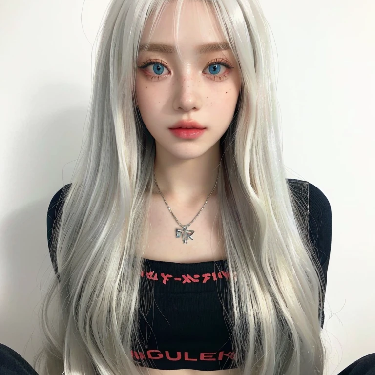 a close up of a doll with long blonde hair and a necklace and gren blue eyes, long white hair and bangs, perfect white haired girl, long straight silver hair, long blonde hair and big eyes, hyperrealistic teen, girl silver hair, with white long hair, girl with white hair, long blonde hair and large eyes, with long white hair, white long straight hair, long platinum hair skydoll noa, artdoll, pale milky white porcelain skin, dollfie dream, anime barbie doll, detailed body and eyes, ball jointed doll, 🤤 girl portrait, hyper realistic aesthetic, small freckles, hyper realistic teenager, barbie doll, freckles!!!, detailed face, realistic, Físico : el abdomen más pequeño jamás visto, jisoo from blackpink, popular south korean makeup, quality detailed ,(beautiful makeup :1.2), Wide hips, big, big ass, (best quality, 8K, masterpiece: 1.3), Clear focus: 1.2, Perfect body beauty: 1.4, strong abs, Very detailed face and skin texture. , detailed eyes, double eyelids, (long hair), having very marked curves, with greater volume in ((breasts)),