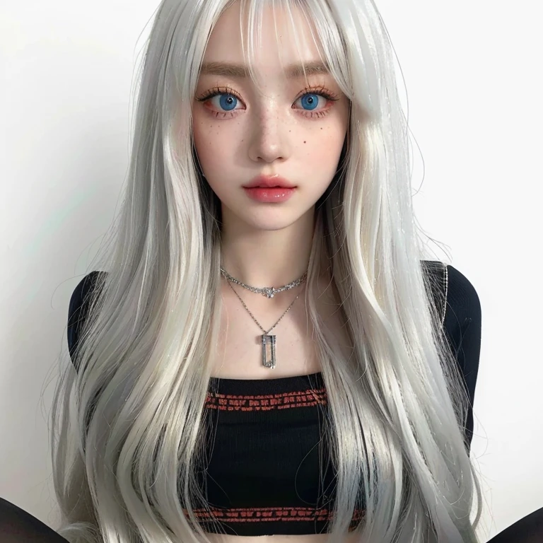 a close up of a doll with long blonde hair and a necklace and gren blue eyes, long white hair and bangs, perfect white haired girl, long straight silver hair, long blonde hair and big eyes, hyperrealistic teen, girl silver hair, with white long hair, girl with white hair, long blonde hair and large eyes, with long white hair, white long straight hair, long platinum hair skydoll noa, artdoll, pale milky white porcelain skin, dollfie dream, anime barbie doll, detailed body and eyes, ball jointed doll, 🤤 girl portrait, hyper realistic aesthetic, small freckles, hyper realistic teenager, barbie doll, freckles!!!, detailed face, realistic, Físico : el abdomen más pequeño jamás visto, jisoo from blackpink, popular south korean makeup, quality detailed ,(beautiful makeup :1.2), Wide hips, big, big ass, (best quality, 8K, masterpiece: 1.3), Clear focus: 1.2, Perfect body beauty: 1.4, strong abs, Very detailed face and skin texture. , detailed eyes, double eyelids, (long hair), having very marked curves, with greater volume in ((breasts)),