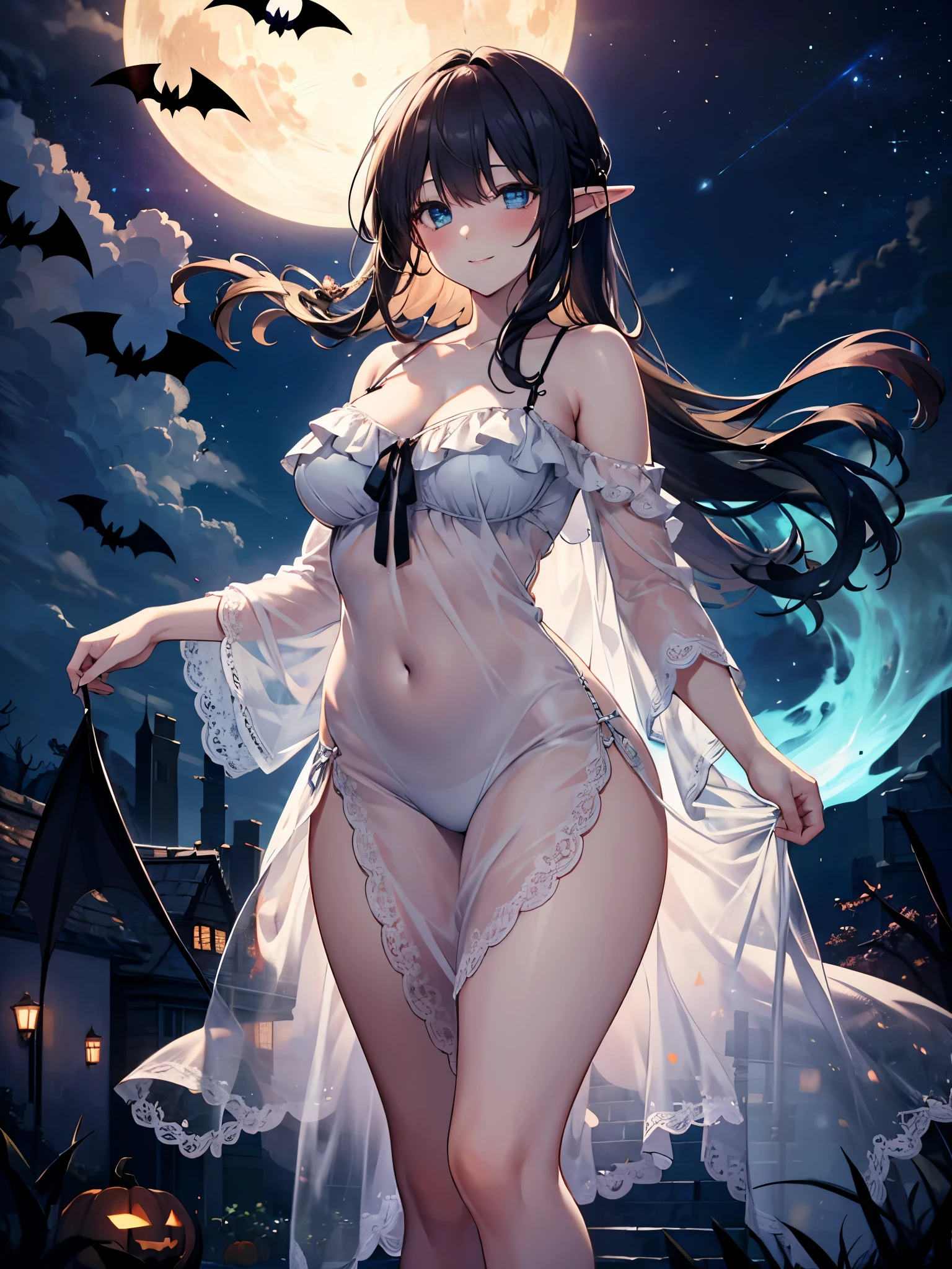 Realistic image, coherent image, detailed image, of 1 elf, in a nightgown. He has black hair, long hair. Turquoise eyes with long eyelashes. Sensual expression. She has a curvy body, medium breasts, thick thighs. Her legs are raised. She is at night with a starry sky. She is sitting on the grass. Front view. Bending over, arching your back. Dramatic shadows, atmospheric lighting, natural lighting. ISO:100, F1.4, --quality 2,