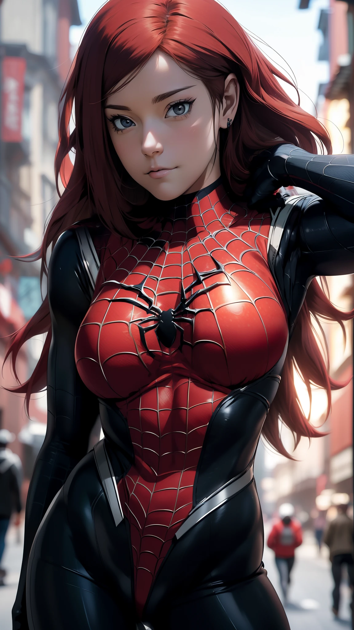 (8k, RAW photos, top quality, masterpiece: 1.2), (realistic, photorealistic: 1.37), (High Quality), (Ultra realistic), official art,extremely detailed CG unity 8k wallpaper, perfect lighting,Colorful, (High Details), (Face detail), (Shadow Detail), (big breast), (Mature Female), Looking at viewers, 1 girl, solo, brown eyes, Red hair, Long hair, Pink Lips, Extreamly Face Detailed, (Wide Hips), Black Spider-man costume, Kushina Uzumaki