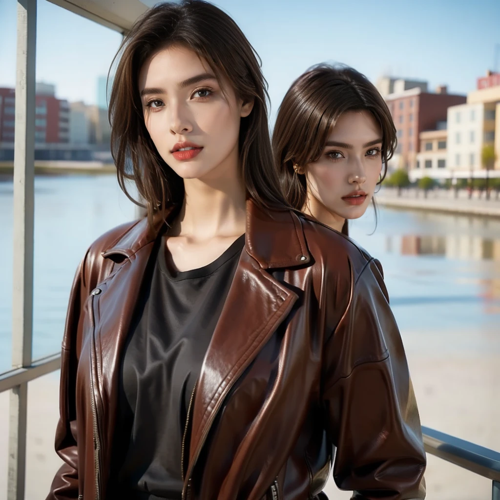 a beautiful woman wearing an leather suite, standing in front of a vintage motorcycle, retro punk style, detailed facial features, brown hair, attractive and confident expression, protagonist in the foreground, inspired by the art of Don Maitz and Louis Pohl, mechanic theme, anime visual style, highly detailed and realistic, cinematic lighting, chrome and metallic accents, vibrant colors, 8k, photorealistic, masterpiece