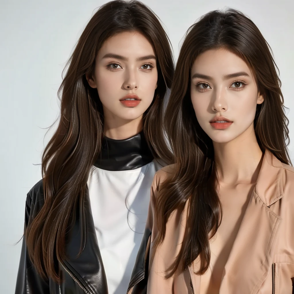 Uma mulher anime, 20 year, long brown hair, purples eyes, calm face, red makeup under the eyes, bushy eyebrows, scar on cheek, brown leather jacket, gray blouse