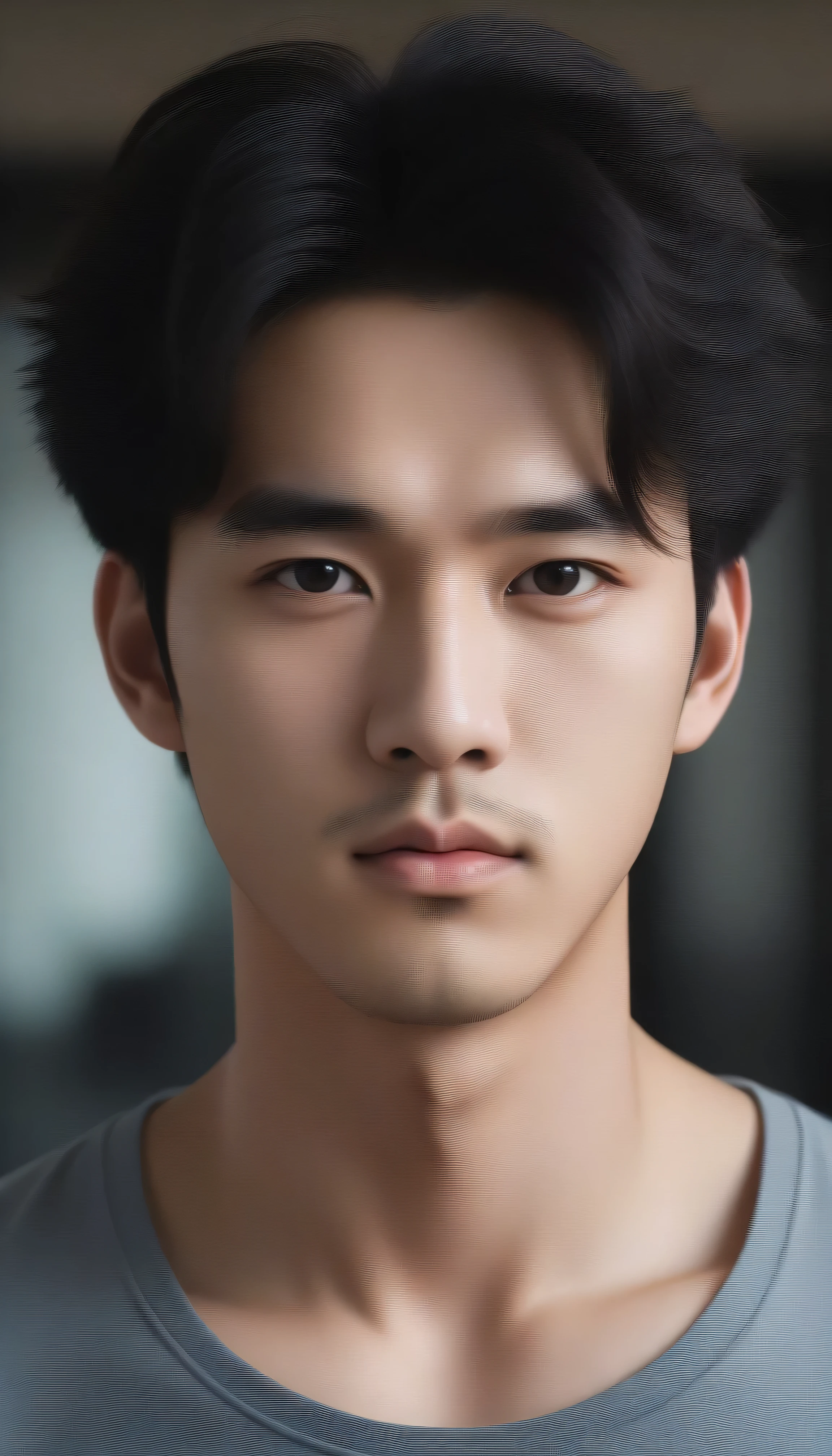 Super realistic, skin texture is visible,masterpiece, best quality, high resolution, realistic, handsome, photogenic，Detailed face of Asian male，twenty years old, Southeast Asian handsome guy，Chinese male, Japanese facial features,young man with handsome face,Handsome and charming face,Rectangle face, three-dimensional outline,high nose bridge,Thick black eyebrows,big eyes,thin lips,thick black, hair,naturaland fluffy hair,Middle parted bangs,standing in a gym，3 meters away from the camera,the upper part of the body,looking at the viewer,8K UHD