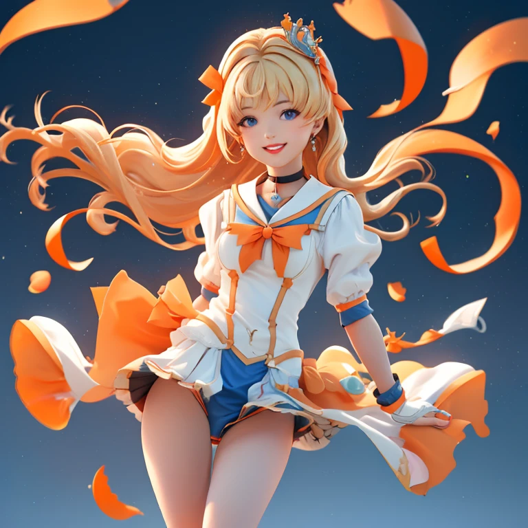 masterpiece, Best Quality, there is nothing, Venus 1, 1 girl, Alone, Sailor Warrior Uniforms, Sailor Venus, Minako Aino, Blonde, Magical Girl, blue eyes, White panties, Orange Skirt, Elbow Gloves, Tiara, Pleated skirt, Hair Ribbon, Orange sailor collar, mini skirt, Choker, Red ribbon, Orange Choker, White gloves, Long Hair, jewelry, Earrings, smile, Showing panties,