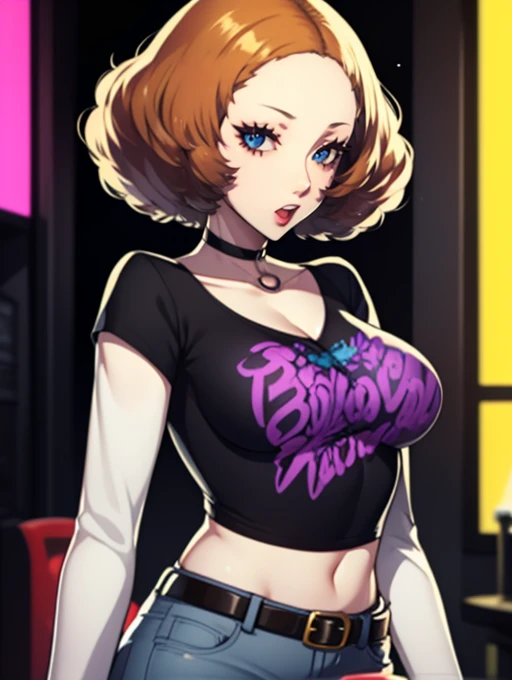 Haru Okumura (Persona),earrings ,lipstick, eye shadow, makeup, 1girl, solo, black t-shirt, white shirt, blue jeans, belt, lipstick, large breasts, layered sleeves, sexy pose,