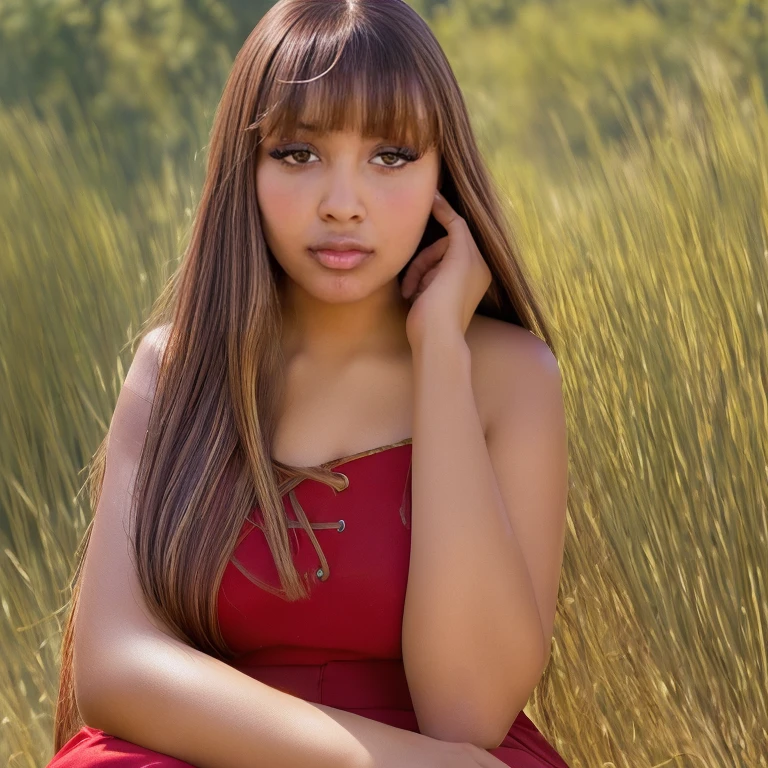 1girl, eyebrows, bangs, brown hair, brown skin, (eyebrows:1.3), eyelashes, makeup, celebrity, (best quality:1.2), masterpiece, red dress, long hair, background, (beautiful:1.2), looking at viewer, old camera style, high resolution, sitting, forest, log, (front view:0.8)