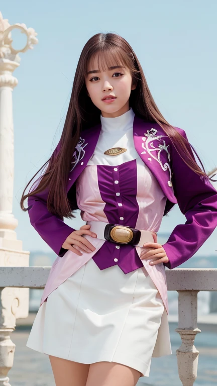 (Extremely detailed CG), (Best Quality), One Woman, Perfect Face,  Shiny skin, Wide Hips, Narrow waist,  May,May,Purple Jacket,White Skirt, Straight Hair, Long sleeve, Pink Belt, Open your mouth a little, Brown Hair, Droopy eyes, Character portrait, 