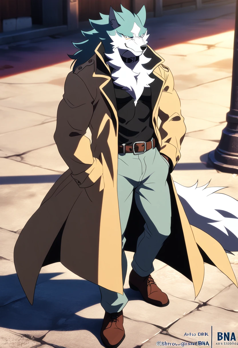 1 lobo, anthropo, shirou Ogami, shirou_Ogami_bna, Muscular, wearing jeans, black shirt, retro steampunk coat, dress shoe, wearing a leather collar, fundo é a cidade de bna, better quality, perfect anatomy, FIRST WORK, perfect shadows, 8k, HD