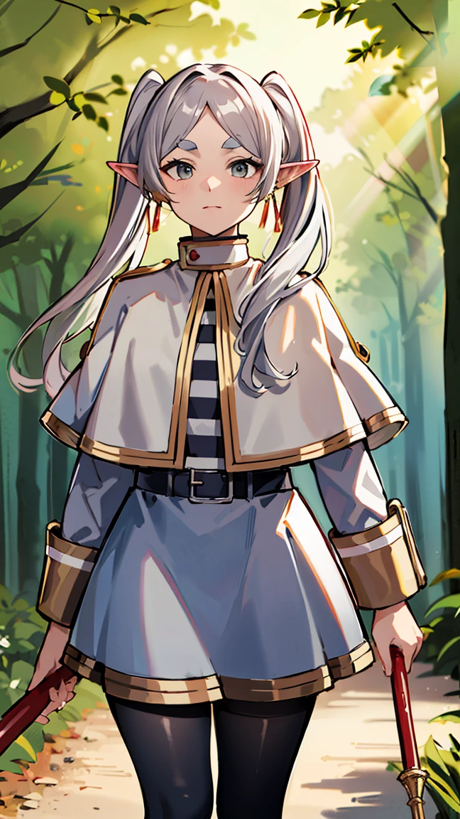 ((masterpiece, Best Quality, High resolution)), Depth of written boundary, 
break, One girl, standing, Cowboy Shot, Carrying a walking stick, 
break, (Outdoor, forest),   
break, thank you, Long Hair, Gray Hair, Twin tails, Pointy Ears, Earrings, Thick eyebrows, 
break, White capelet, Striped Shirt, Long sleeve, belt, White Skirt, Black Pantyhose