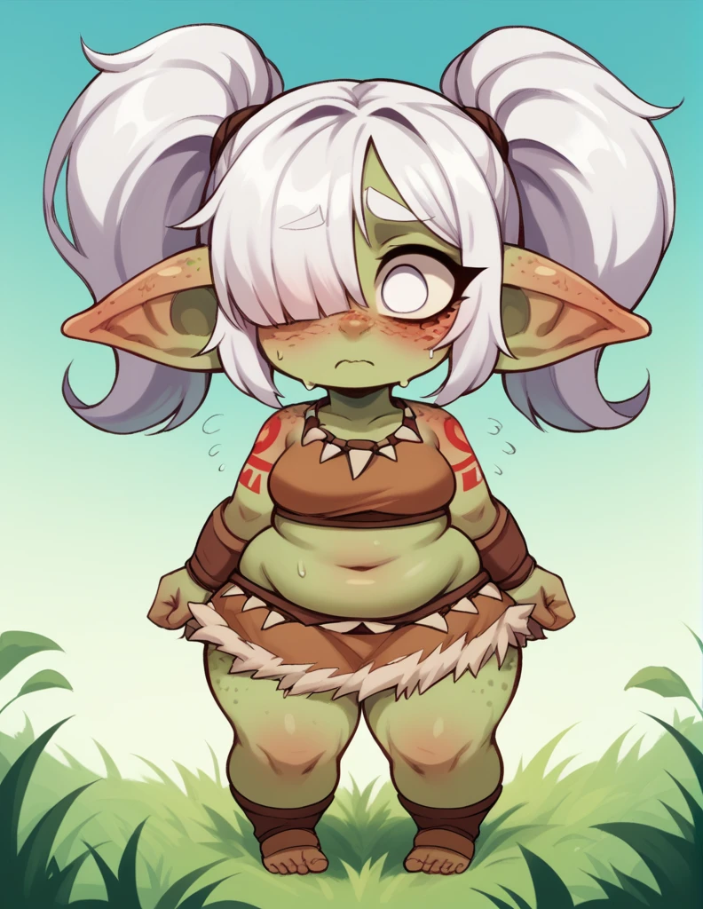 A goblin shortstack  girl ,stortstack,green skin,{{Wearing a sheer short-sleeved top}},,（white  Hair,Double ponytails）Tribal Grass Skirt，tribal red tattoo,bangs（Heavy sweating）Shy expression，blush，Freckles on the face，chubby,white eye，Twin ponytails, Aho, Hair covering one eye, Flowering, Flowering, 
Side of the character,