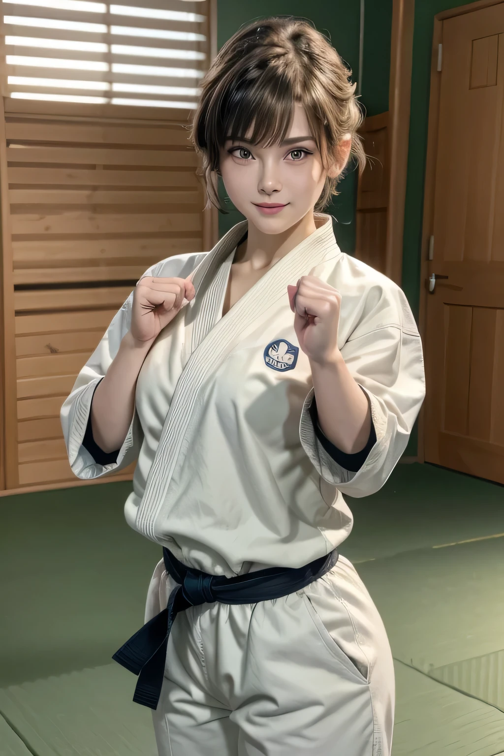 (((Straight fist punch: 1.3))) (((straight fist punch: 1.3))), one girl (beautiful girl, delicate girl: 1.3), (: 1.3), break ((NSFW)), the breasts, ((black belt)), ((judo clothing)), break, (karate dojo), (((straight fist punch: 1.3))), broken, very detailed eyes (Symmetric eyes: 1.3), broken, small breasts, brown eyes, parting bangs, brown hair (upper teeth, the best smile: 0.2), broken, (detailed eyes and face: 1.0) , BREAK, (masterpiece, highest quality, super detail, detailed face, 8K)