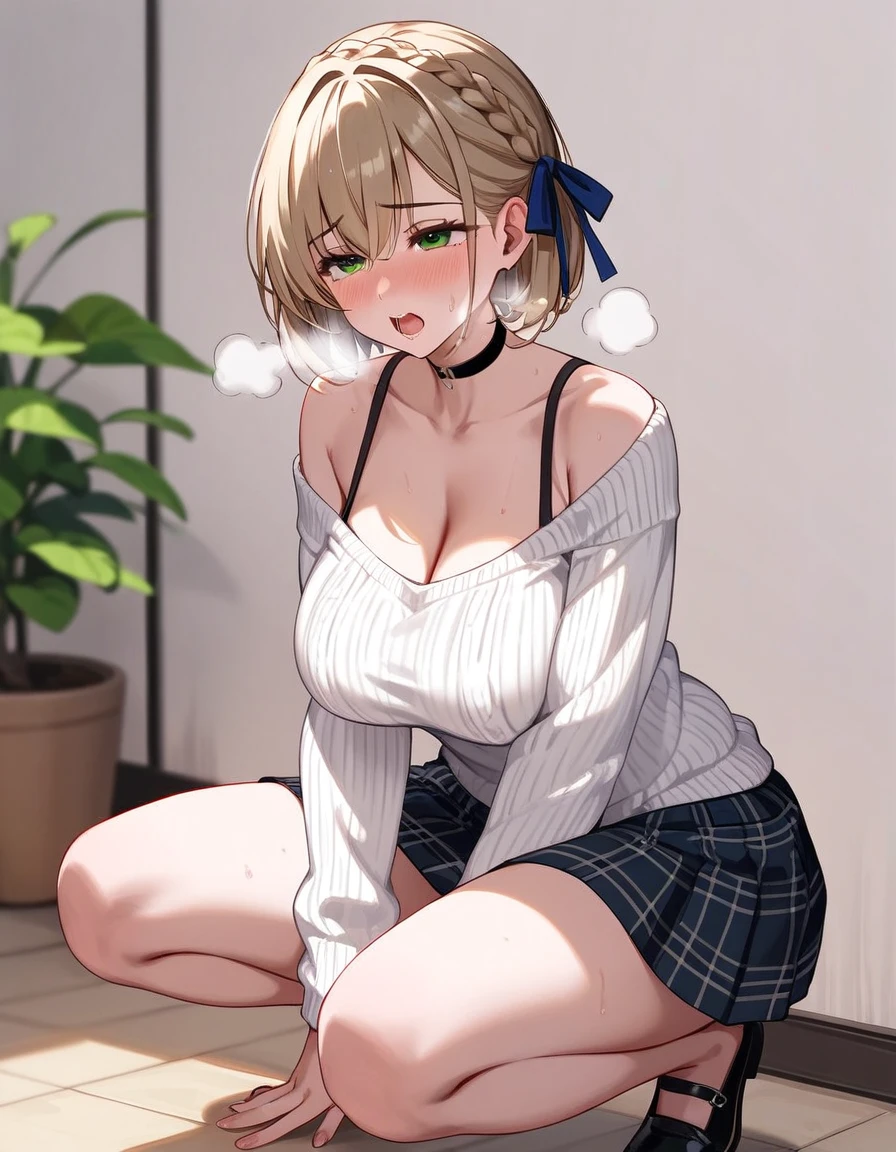 Pixiv 3dcg, Sexy anime style, Anatomically correct, Super detailed, High image quality, 4K、Mature 1 girl、 ccnoel、Short Hair、French Braid、Hair Ribbon、Green Eyes、Black choker、clavicle、Cleavage、Off-the-shoulder sweater、White sweater、Checked skirt、Very large breasts、Clear style、Squat、Squat、M-shaped legs、orgasm、Overflowing sweat、Heavy breathing、