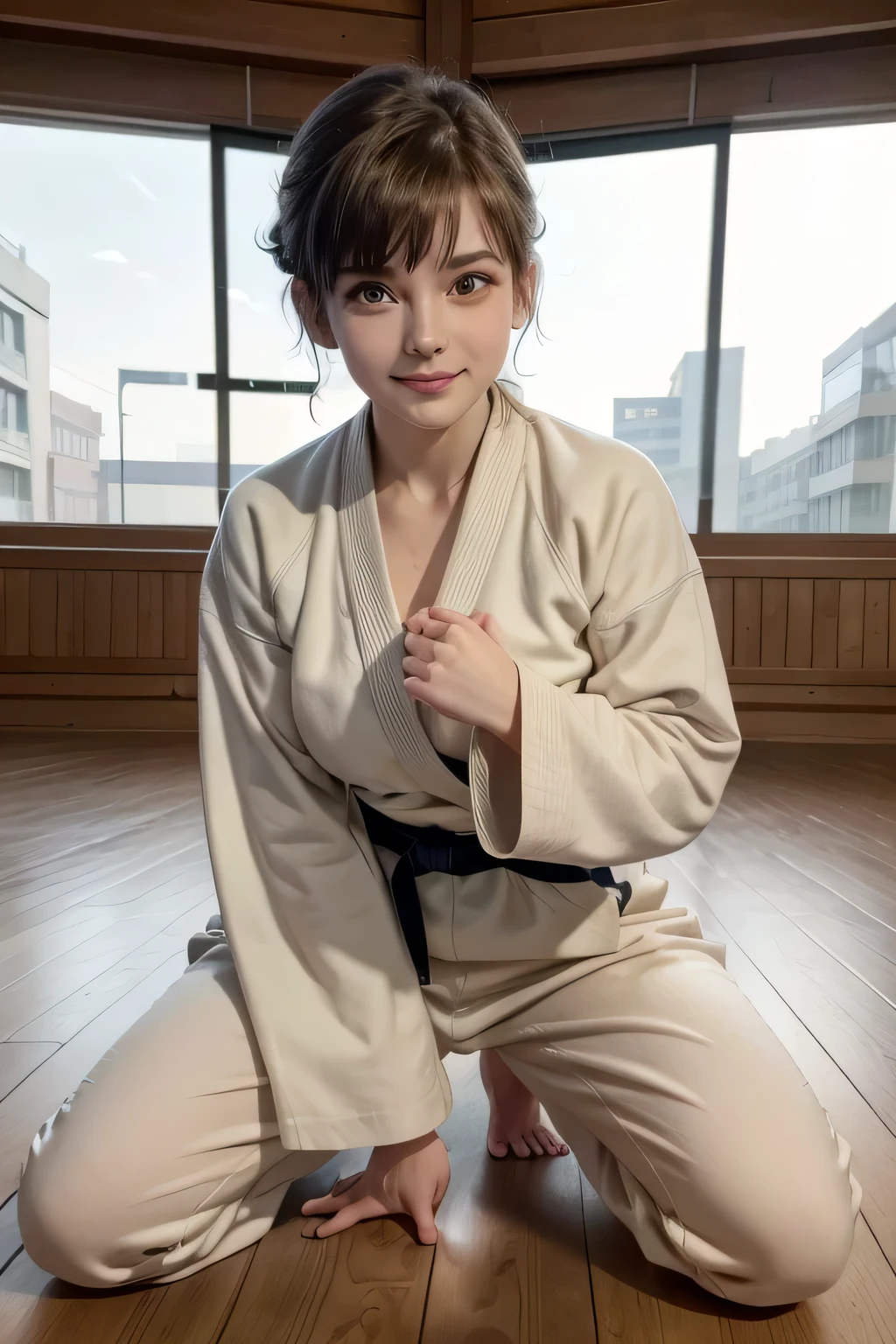 Perfect appearance. Top quality. High resolution.
High quality photos. Photos that are in correct focus.
Correct human anatomy. Correct hand shape.

She is a high school student.

Too beautiful girl. Her face is so young. 
Her haircut is a pixie haircut. 
Her hair looks like Amara Tenou. 
Her hair looks like Audrey Hepburn. 


She is wearing a judogi. 
Martial arts uniform for judo practice. 
Her judogi is conservative. 
The sleeves of the  judogi are long and large.
Judogi pants are long.
Her Judo wear is a larger size overall.


She is in a very large judo dojo.
Large competition gymnasium.

She is smiling and looking at me.

She is ready to fight.
Fighting pose.
She clenches her fists.
