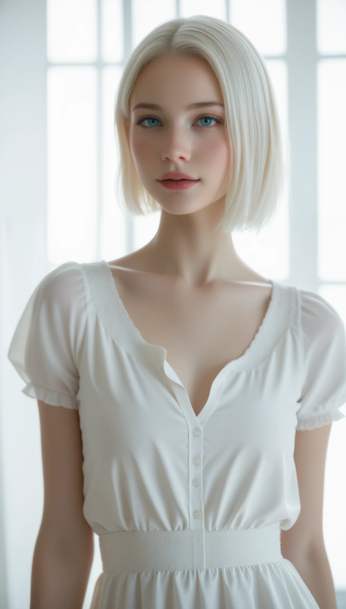 (shiny white skin:1.5),(sexy girl with beautiful breasts:1.5),(cute face:1.5) ,(short  blouse:1.3),
 (clear background:1.5) ,(short white hair:1.4),(bangs:1.3) 
