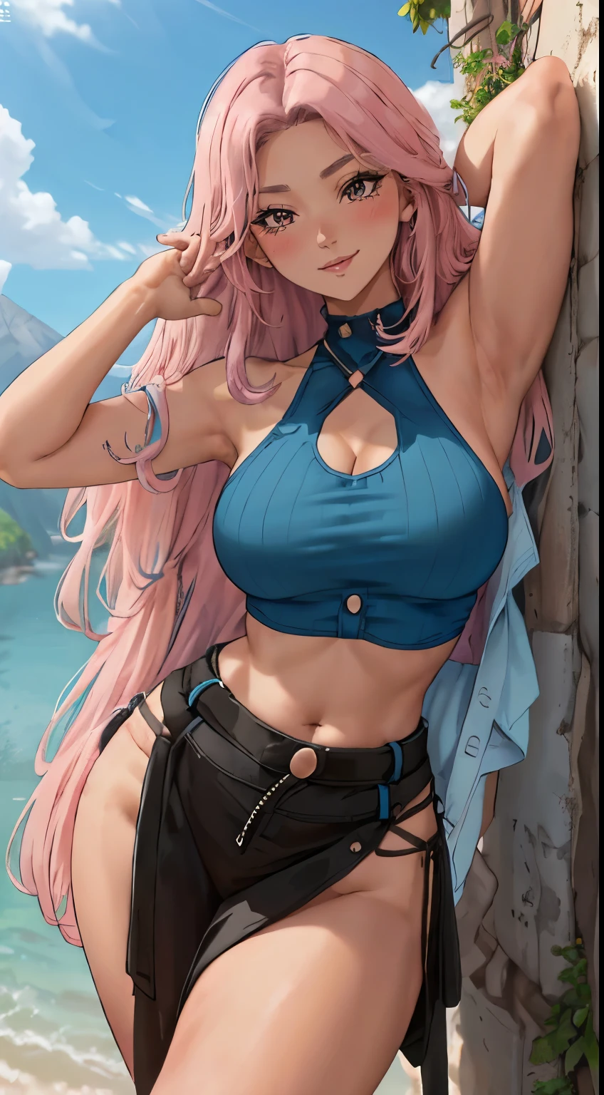 (best quality:1.3), (4K quality),  ((detailed face)),((smile)), ((curvy body)), (big breasts), sexy, (( long hair )), ((blue sky)), looking at viewer, , blond hair, gradient pink hair, gradient blue hair, 1girl, arm strap, arm up, bare shoulders, clothes, breasts, cloud, colored tips, cowboy shot, cutoffs, gradient hair, halterneck, highleg,, large breasts, looking at viewer,  midriff, nail polish,, outdoors, mascara, medium hair, big breasts, fat breasts, full body, thick thighs