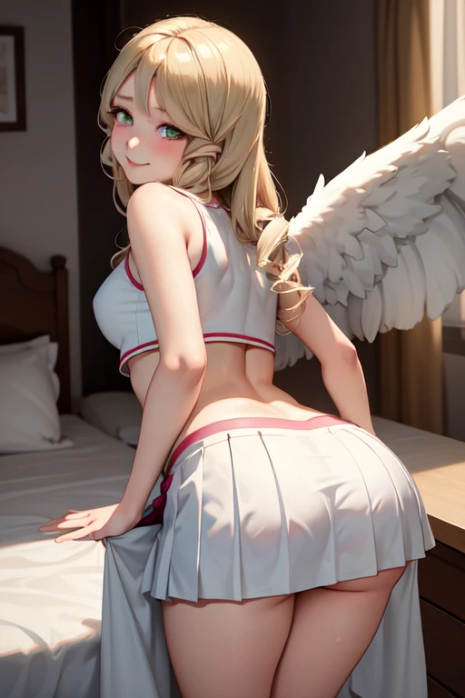 masterpiece, best quality, Leanne, ahegao, eyes rolled up, looking at viewer, two wings, bed, cheerleader outfit, skirt, bending over standing, shows ass, sexy, smiling