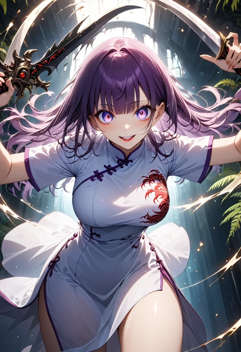 scary,Fern, Long Hair, bangs, (Purple eyes:1.1), Purple Hair, Side Lock, blunt bangs, (Bright Eyes:1.5), Half Up,Large Breasts, rest, (China dress), (View from below), (masterpiece:1.2), Highest quality, High resolution, Unified 8k wallpaper, (figure:0.8), (Beautiful and delicate eyes:1.6), Highly detailed face, Perfect lighting, Highly detailed CG, (Perfect hands, Perfect Anatomy),Red lip,right hand sword、Crazy Eyes、Crazy Smile、It cuts off the viewer、Intense motion、Motion Afterimage,scary