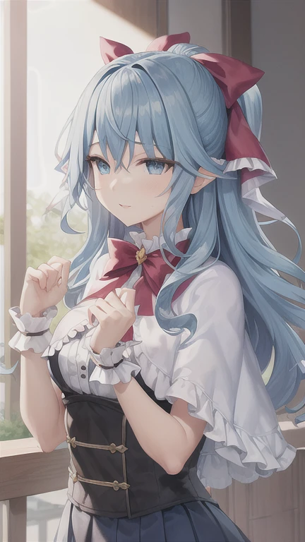 masterpiece, best quality, LiselotteCretia, long hair, wavy hair, blue eyes, blue hair, frills, bow, red bow, hair ribbon, capelet, pleated skirt, shirt 