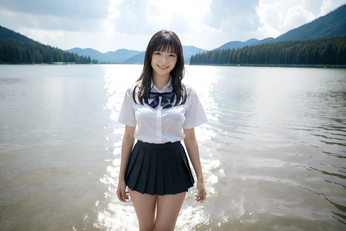 ((one Japanese schoolgirl)):1.8,((young body not fully matured)):2.7,sixteen years old,((on a stage built in a lake just below the surface)):2.8,((Blouse that is wet and shows through the skin)):2.1,((not wearing underwear)):2.9,((thighs spread wide in an indecent pose)):2.8,((spread thighs wide in an indecent pose)):2.5,(soaking wet from rain):2.5,open_stance,((big breasts)):1.2,cleavage,(full body shot):1.9,(Beautiful Woman with Perfect Style):1.3,(Beautiful Legs):1.3,(One Person),(Slender):1.2,(Very Long Flowing Wet Black Hair):1.6,(Smiling slightly):1.4,(Very Fine Face and Skin Texture):1.2,(long black hair):1.7,(wet hair):2.5,(light on face):1.4,(between_legs:1.5),(toe-point:1.2),(full body):1.8,background beautiful lake,(very fine),(best quality),8K,RAW,photo,highest_quality,masterpiece,realistic,photorealism:1.37,erotic,sexy High Resolution,Physically Based Rendering,Cinematographic Lighting,Raw,Real Photo,(Sharp Focus):1.2,(Full Length Image):1.9,(Full Length View):1.9,